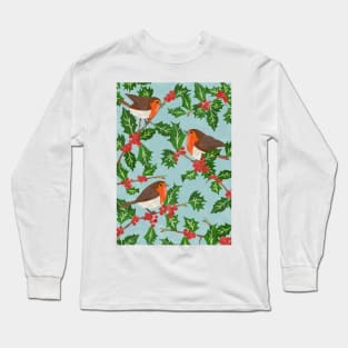 Three little paper cut robins on a holly bush Long Sleeve T-Shirt